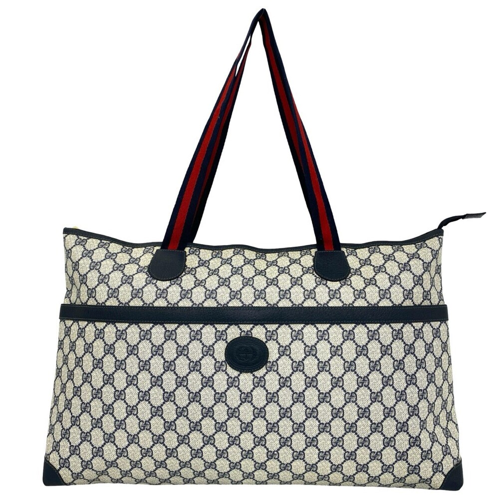 GUCCI Vintage Sherry Line GG Logo Leather Tote Bag/Handbag, Navy, 05815
